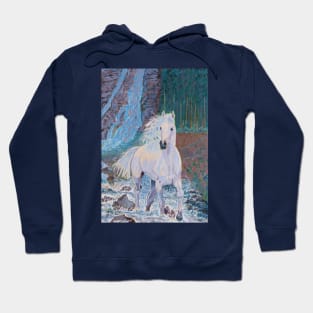 A white horse in front of a waterfall Hoodie